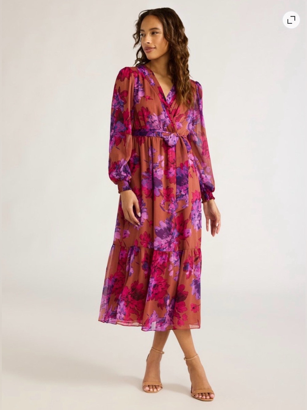 Sofia by Sofia Vergara Floral Wrap Midi Dress Brown Fuchsia & Purple Blooms S